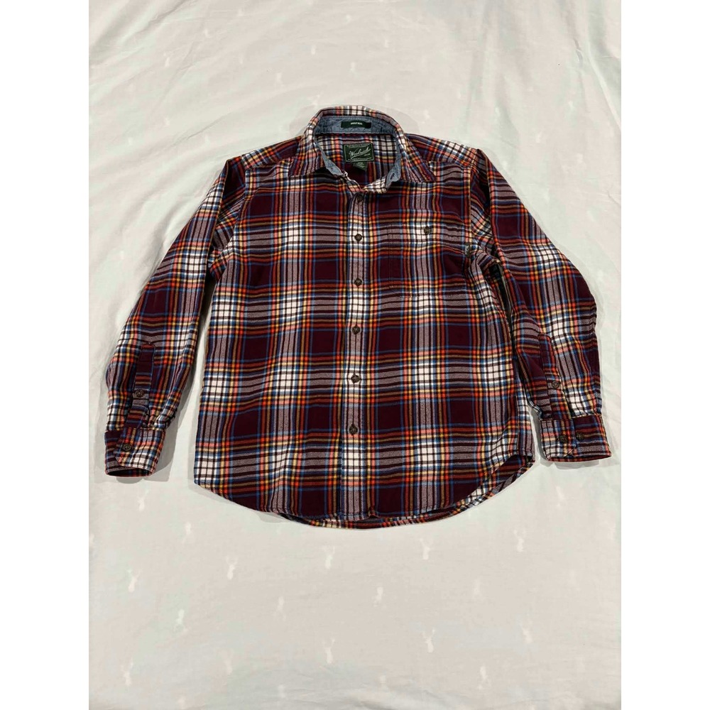 Woolrich Mens Plaid Flannel‎ Shirt Trout Run Burgundy Blue Orange Size Med